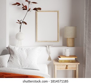 Mockup frame close up in bedroom interior background, 3d render