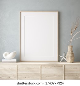 Mockup Frame Close Up In Coastal Style Home Interior Background, 3d Render