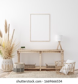 Mockup Frame In Coastal Boho Style Interior, 3d Render