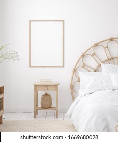 Mockup Frame In Coastal Boho Style Bedroom Interior, 3d Render