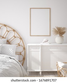 Mockup Frame In Coastal Boho Style Bedroom Interior, 3d Render