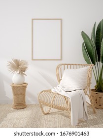 Mockup Frame In Coastal Boho Style Interior, 3d Render