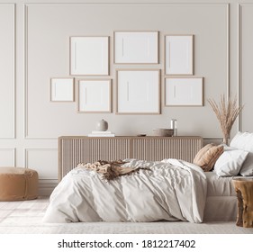 Mockup Frame In Contemporary Bedroom Design, Gallery Wall In Bight Home Decor, 3d Render, 3d Illustration