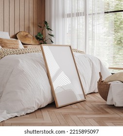 Mockup frame in cozy bedroom interior background, 3d render
