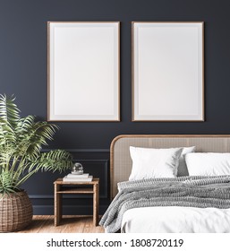 Mockup Frame In Dark Bedroom Interior, Wooden Rattan Bed On Empty Dark Wall Background, Scandinavian Style, 3d Render, 3d Illustration