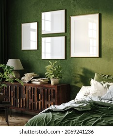 Mockup Frame In Dark Green Bedroom Interior Background, 3d Render