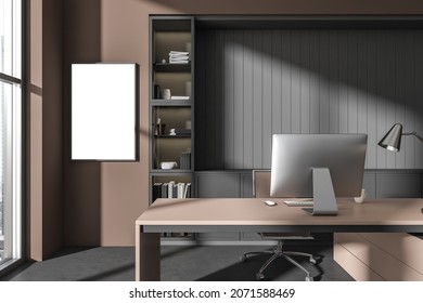 Mockup frame in grey and brown office interior with desk, rolling chair, stylish niche, cabinets and concrete floor. Concept of modern CEO work place design. No people. 3d rendering