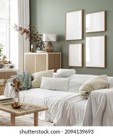 Mockup Frame In Home Interior Background, Room In Natural Pastel Colors, 3d Render