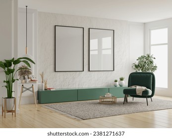 Mockup frame in interior background with green armchair and decor in living room.3d rendering