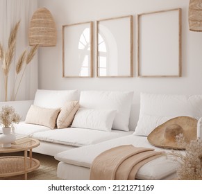 Mockup frame in interior background, room in light pastel colors, Scandi-Boho style, 3d render	
