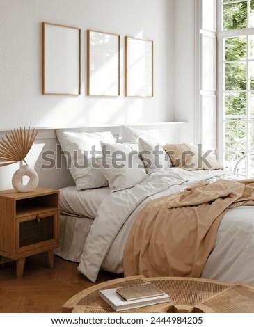 Mockup frame in light cozy and simple bedroom interior background, 3d render