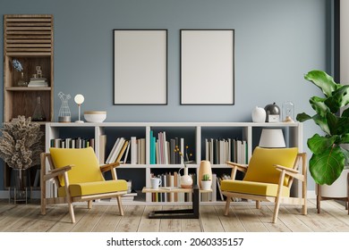 Mockup Frame Of Living Room With Armchair On Empty Light Blue Color Wall,library Room.3D Rendering