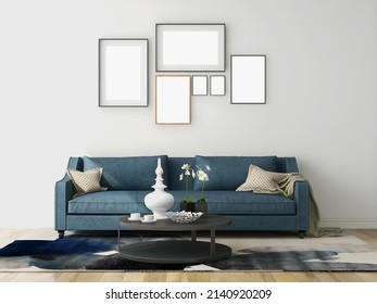 Mockup Frame In Living Room With Multiple Frames And Blue Sofa. 3d Illustration. 3d Rendering	
