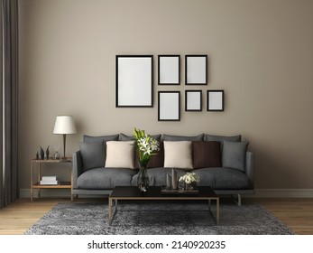 Mockup Frame In Living Room With Multiple Frame, Gray Sofa, And Khaki Painted Wall .3d Illustration. 3d Rendering	
