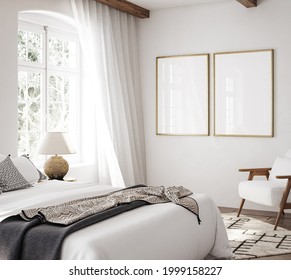 Mockup Frame In Luxury Hampton Style Bedroom Interior, 3d Render