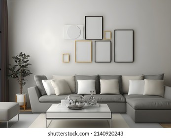 Mockup Frame In Modern Room With Multiple Frames, Grey Sofa, And Pillows. 3d Illustration. 3d Rendering	
