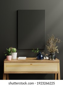 Mockup Frame On Cabinet In Living Room Interior On Empty Dark Wall Background,3D Rendering