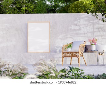 Mockup Frame On The Wall With Concrete Patio For Outdoor Living Area,3D Rendering