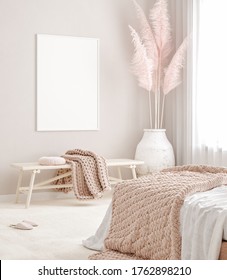 Mockup Frame In Pastel Pink Bedroom Interior Background, Scandi-Boho Style, 3d Render