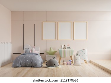 Mockup frame photo in the children's room, bedroom interior on wall white color background.3d rendering