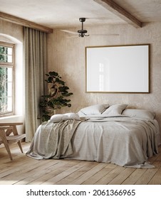 Mockup Frame In Rustic Bedroom Interior Background, 3d Render