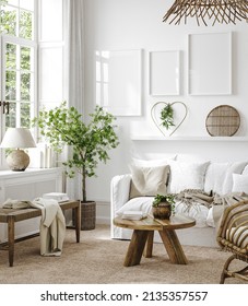 Mockup Frame In White Cozy Living Room Interior Background, 3d Render