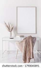 Mockup frame for white wooden desk, home office Scandinavian design, 3d render, 3d illustration