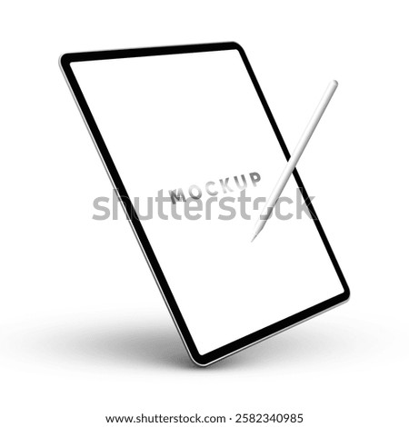 mockup gadget tab tablet pad device white background isolated white pencil white pen blank screen touch drawing floating side view 3d