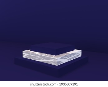 Mockup Geometric Purple Shape Square Mat And Marble Stone Podium On Dark Purple Background. 3D Render Of Advertising Template Space For Product In Minimalist Style. Display Case Empty Showcase