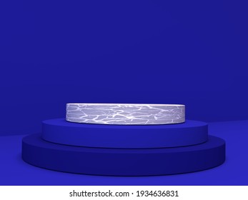 Mockup Geometric Shape Cylinder Mat And Marble Stone Podium On Dark Blue Background. 3D Render Of Advertising Template Space For Product In Minimalist Style. Display Case Empty Showcase