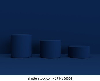 Mockup Geometric Shape Cylinder Mat Podium On Dark Blue Background. 3D Render Of Advertising Template Space For Product In Minimalist Style. Display Case Empty Showcase