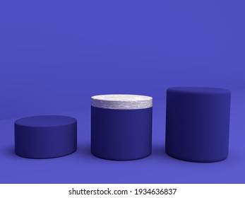 Mockup Geometric Shape Cylinder Mat And Marble Stone Podium On Dark Purple Blue Background. 3D Render Of Advertising Template Space For Product In Minimalist Style. Display Case Empty Showcase