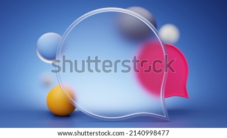Mockup in glassmorphism style with comment bubble and colorful shapes on a blue background 3d render