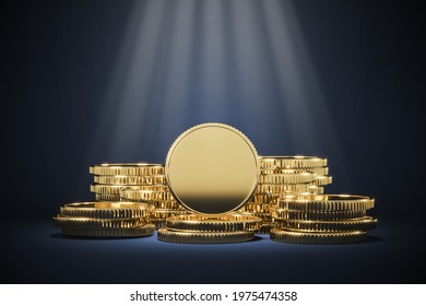 Mockup Golden Coin Pile And Lighting Spot, Mockup Background For Financial Presentation. 3d Rendering
