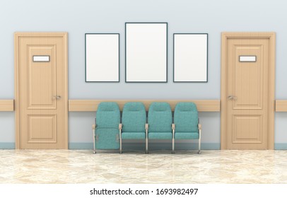 Mockup Hospital Corridor With Blue Chairs. Hospital Lobby Waiting For The Doctor Visit With White Poster. 3d Illustration