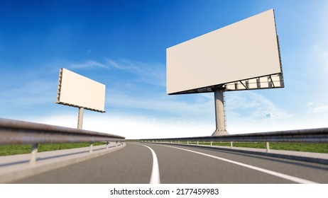 Mockup Image Of 3d Rendering Billboard Beside Highway. Mockup Sky.