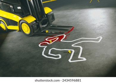 A mock-up industrial accident within a warehouse, featuring a forklift near a chalk outline, surrounded by numbered evidence markers, depicting a meticulous forensic simulation. - Powered by Shutterstock