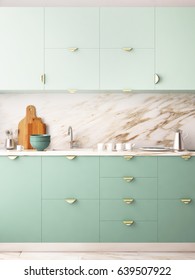 Mockup Interior Kitchen In Pastel Colors. 3D Render, 3d Illustration