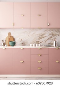 Mockup Interior Kitchen In Pastel Colors. 3D Render, 3d Illustration