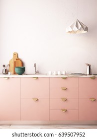 Mockup Interior Kitchen In Pastel Colors. 3D Render, 3d Illustration