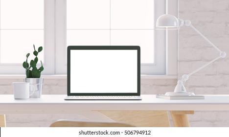 Mockup of laptop with empty screen on light table in bright interior. Plant on background. Vintage cup and lamp. Wide angle. 3d render