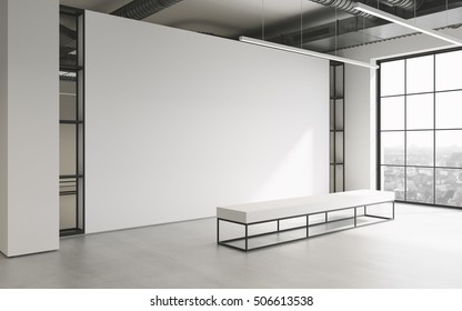 Mockup of light empty exhibition gallery with bench. Concrete floor. Loft design 3d render
