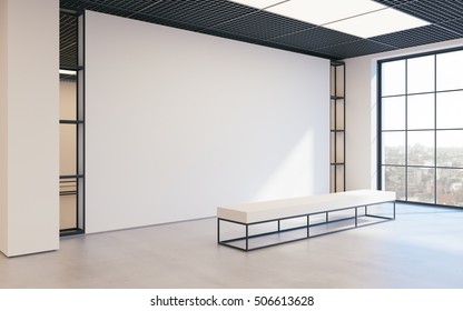 Mockup Of Light Empty Exhibition Gallery With Bench. Concrete Floor. Loft Design 3d Render