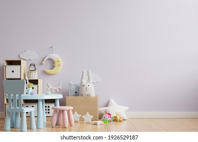 Mockup light purple color wall in the children's room On the wooden floor.3d rendering