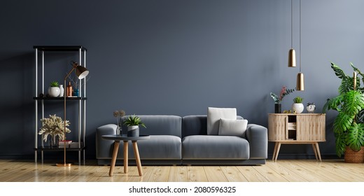 Mockup Living Room Interior With Sofa On Empty Dark Blue Wall Background.3D Rendering