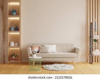 Mockup living room interior with sofa on empty cream color wall background.3D rendering