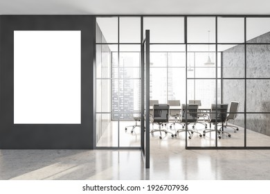 Mockup In Marble Conference Room With Black Armchairs And Table. Office Minimalist Interior Behind Glass Doors, Front View, 3D Rendering No People