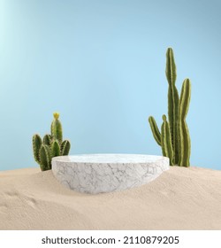 Mockup Minimal Display Podium On Sand, Cactus Desert, 3D Render Background