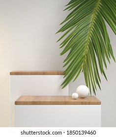 Mockup Minimal White Step Display And Oak Wood On Top With Green Palm Leaves Background 3d Render
