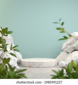Mockup Minimalist Podium Display, Rock Stone Nature, Tropic Plant Blur Foreground, Abstract Background 3d Render
